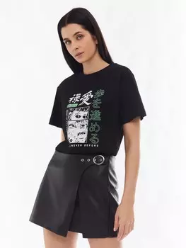 Футболка из хлопка с коротким рукавом и аниме принтом