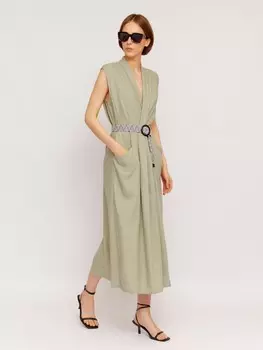 Льняное платье-туника без рукавов с ремнём