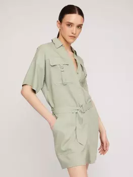 Льняной комбинезон мини в сафари-стиле с поясом