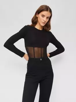 Лонгслив-боди с вставками из полупрозрачной сетки