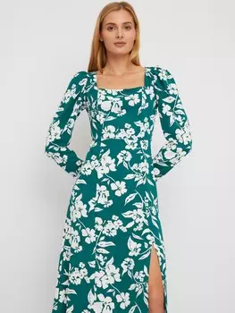 Платье длины миди с разрезом по ноге и цветочным принтом