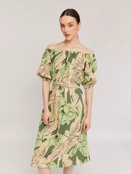 Платье из хлопка с открытыми плечами и поясом