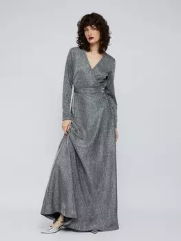 Платье макси с вырезом на запах, люрексом и поясом