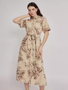 Платье-рубашка из льна с коротким рукавом и поясом