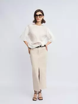 Прямая джинсовая юбка миди с разрезом