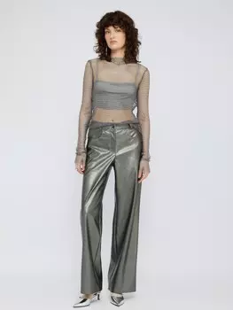 Прямые серебряные брюки из экокожи с высокой талией
