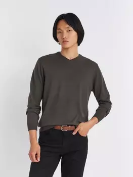 Шерстяной трикотажный пуловер с треугольным вырезом и длинным рукавом