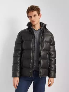 Тёплая куртка из экокожи с воротником-стойкой