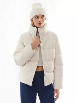 Тёплая стёганая дутая куртка из экокожи с высоким воротником