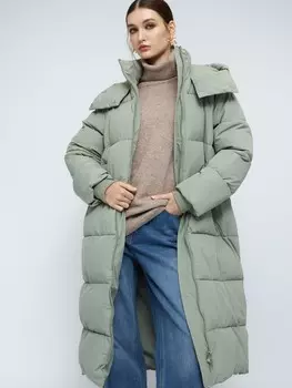 Тёплая стёганая куртка-пальто с капюшоном и двойным воротником