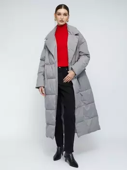 Тёплая стёганая куртка-пальто с отложным воротником и поясом
