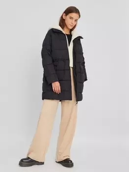 Тёплая стёганая куртка-пальто с трикотажным капюшоном и вшитой манишкой на молнии