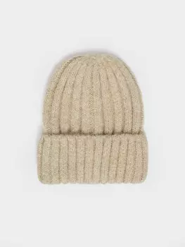 Тёплая вязаная шапка-бини из шерсти с отворотом