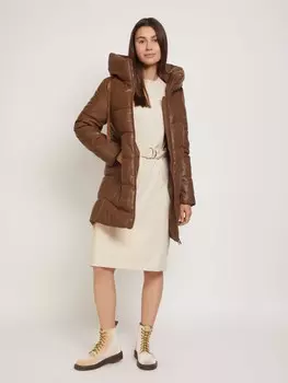 Тёплое пальто из экокожи с капюшоном
