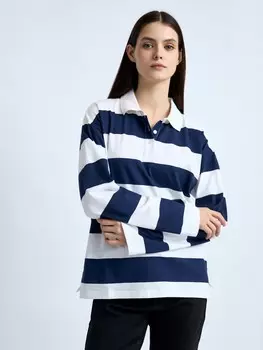 Трикотажный джемпер-лонгслив в полоску с воротником поло