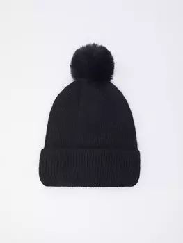 Вязаная шапка-бини из шерсти с помпоном и тёплой подкладкой из флиса