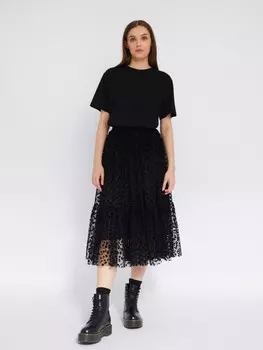 Ярусная юбка длины миди из полупрозрачной сетки с леопардовым узором