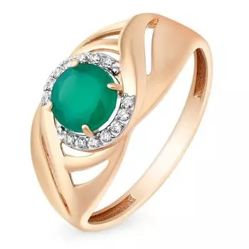 Кольцо с агатом и фианитами из красного золота 585 пробы, размер 19