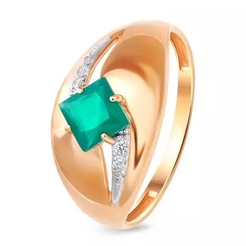 Кольцо с агатом и фианитами из красного золота 585 пробы, размер 20