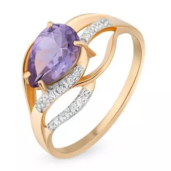 Кольцо с александритом синтетическим и фианитами из красного золота 585 пробы, размер 19