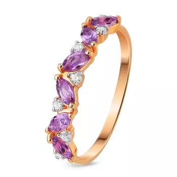 Кольцо с аметистом и фианитами из красного золота 585 пробы, размер 15.5