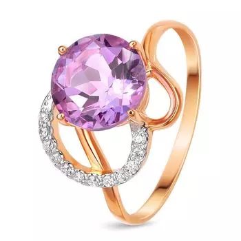 Кольцо с аметистом и фианитами из красного золота 585 пробы, размер 16