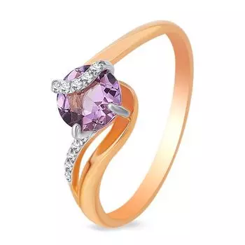 Кольцо с аметистом и фианитами из красного золота 585 пробы, размер 16.5
