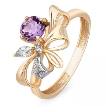 Кольцо с аметистом и фианитами из красного золота 585 пробы, размер 16.5