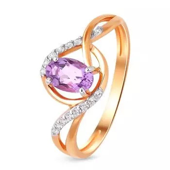 Кольцо с аметистом и фианитами из красного золота 585 пробы, размер 16.5