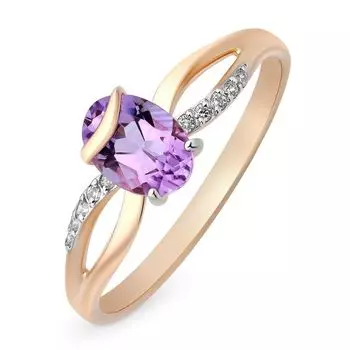 Кольцо с аметистом и фианитами из красного золота 585 пробы, размер 17