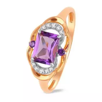 Кольцо с аметистом и фианитами из красного золота 585 пробы, размер 17