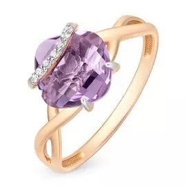 Кольцо с аметистом и фианитами из красного золота 585 пробы, размер 17.5
