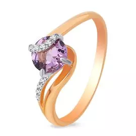 Кольцо с аметистом и фианитами из красного золота 585 пробы, размер 17.5