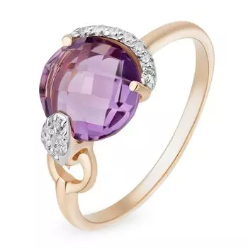 Кольцо с аметистом и фианитами из красного золота 585 пробы, размер 18