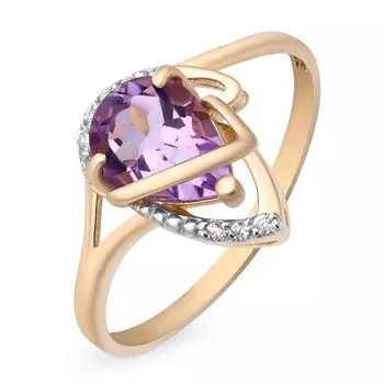 Кольцо с аметистом и фианитами из красного золота 585 пробы, размер 18