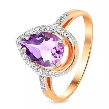 Кольцо с аметистом и фианитами из красного золота 585 пробы, размер 18