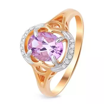 Кольцо с аметистом и фианитами из красного золота 585 пробы, размер 18