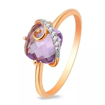 Кольцо с аметистом и фианитами из красного золота 585 пробы, размер 18
