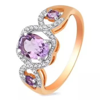 Кольцо с аметистом и фианитами из красного золота 585 пробы, размер 18