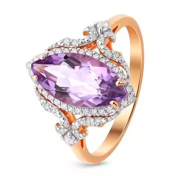 Кольцо с аметистом и фианитами из красного золота 585 пробы, размер 18