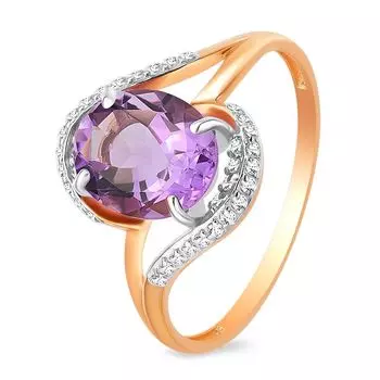 Кольцо с аметистом и фианитами из красного золота 585 пробы, размер 18.5