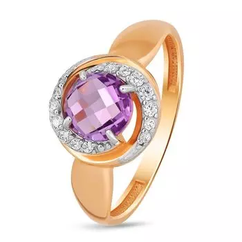 Кольцо с аметистом и фианитами из красного золота 585 пробы, размер 18.5