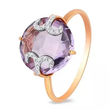 Кольцо с аметистом и фианитами из красного золота 585 пробы, размер 18.5