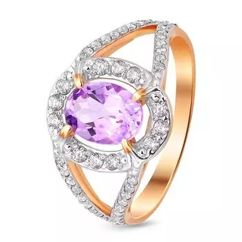 Кольцо с аметистом и фианитами из красного золота 585 пробы, размер 18.5