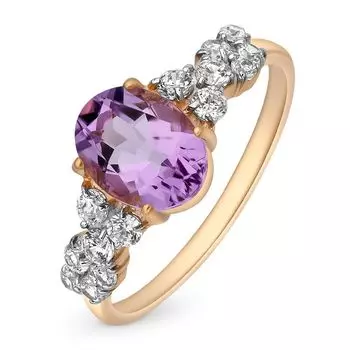 Кольцо с аметистом и фианитами из красного золота 585 пробы, размер 18.5