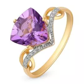 Кольцо с аметистом и фианитами из красного золота 585 пробы, размер 18.5