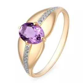 Кольцо с аметистом и фианитами из красного золота 585 пробы, размер 18.5