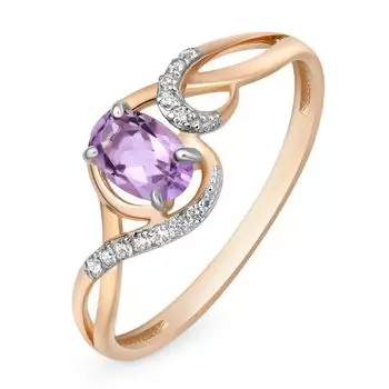 Кольцо с аметистом и фианитами из красного золота 585 пробы, размер 19