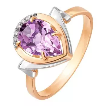 Кольцо с аметистом и фианитами из красного золота 585 пробы, размер 19