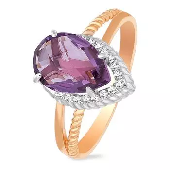 Кольцо с аметистом и фианитами из красного золота 585 пробы, размер 19